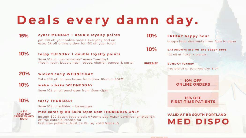 Beach Boys Cannabis Company - SoPo MED DISPO: DAILY DEALS!