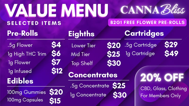 Cannabliss Cannabliss Value Menu
