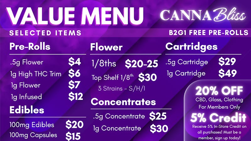 Cannabliss Cannabliss Value Menu
