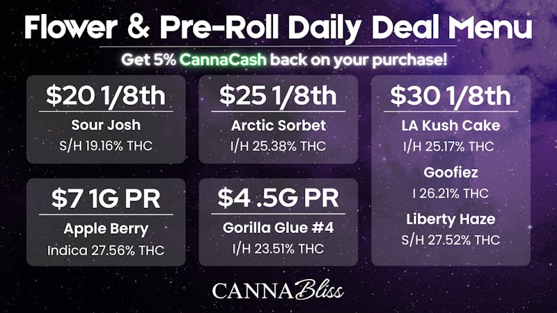 Cannabliss Flower & Pre-Roll Daily Deal Menu