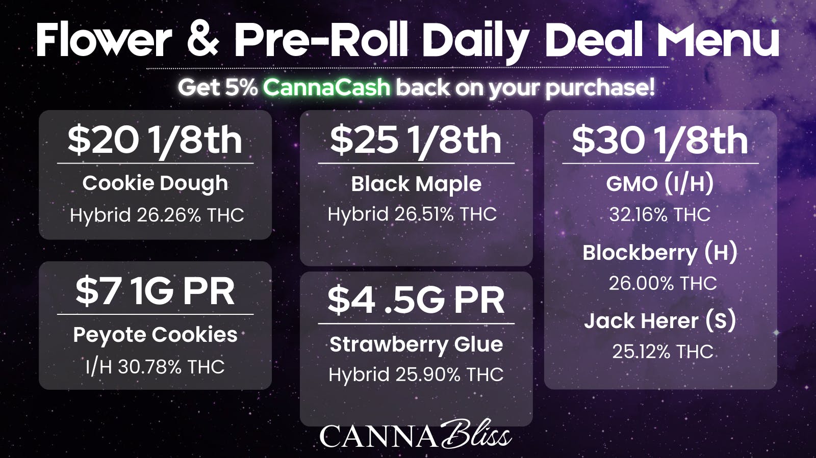 Cannabliss Flower & Pre-Roll Daily Deal Menu