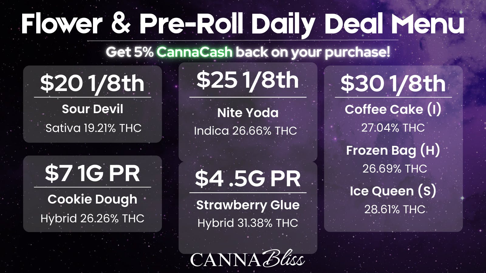 Cannabliss Flower & Pre-Roll Daily Deal Menu