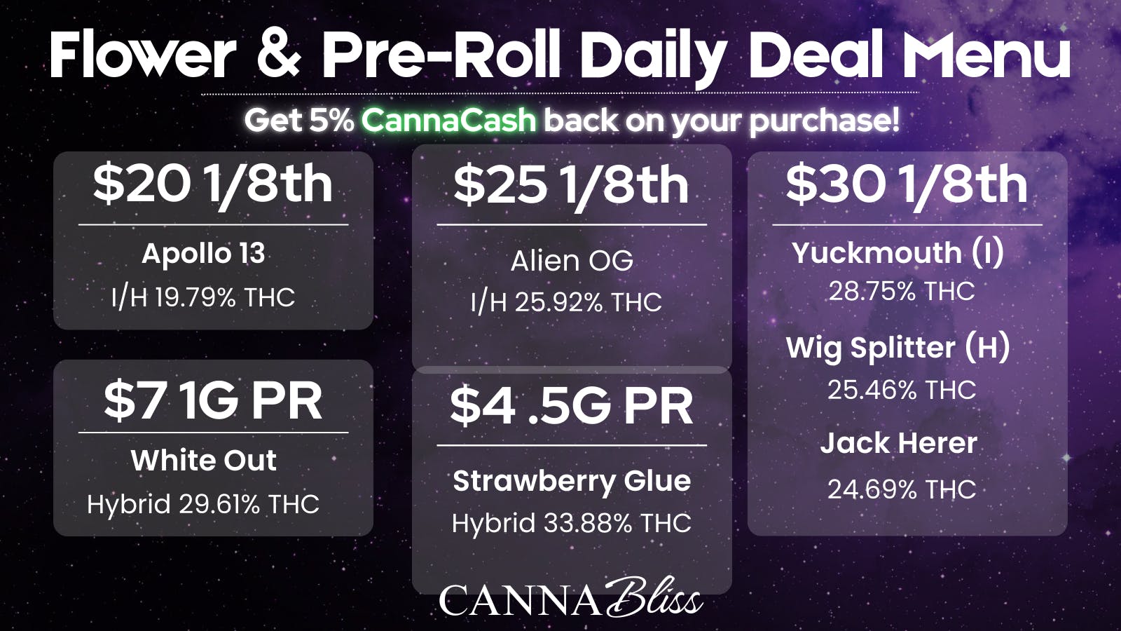 Cannabliss Flower & Pre-Roll Daily Deal Menu