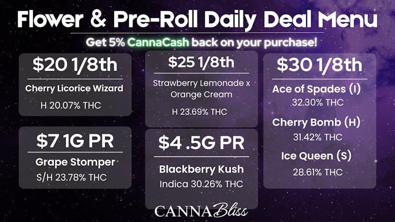 Cannabliss Flower & Pre-Roll Daily Deal Menu