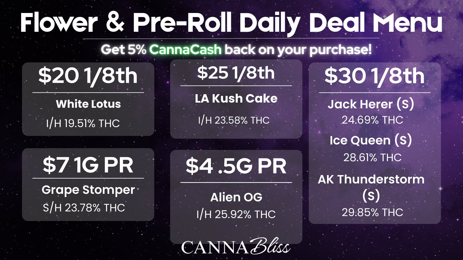 Cannabliss Flower & Pre-Roll Daily Deal Menu