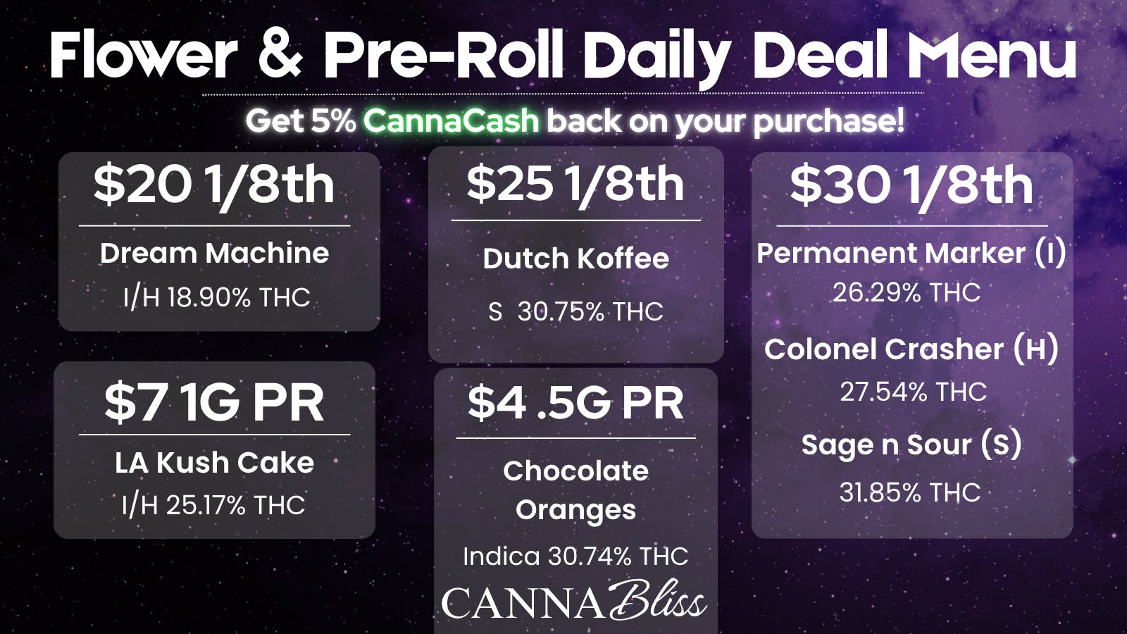Cannabliss Flower & Pre-Roll Daily Deal Menu