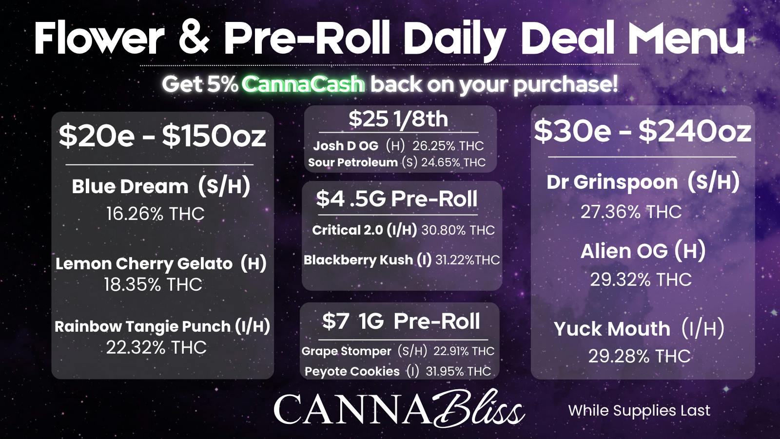 Cannabliss Flower & Pre-Roll Daily Deal Menu