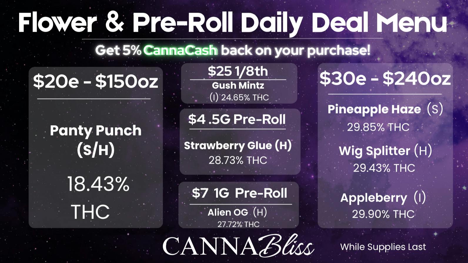 Cannabliss Flower & Pre-Roll Daily Deal Menu