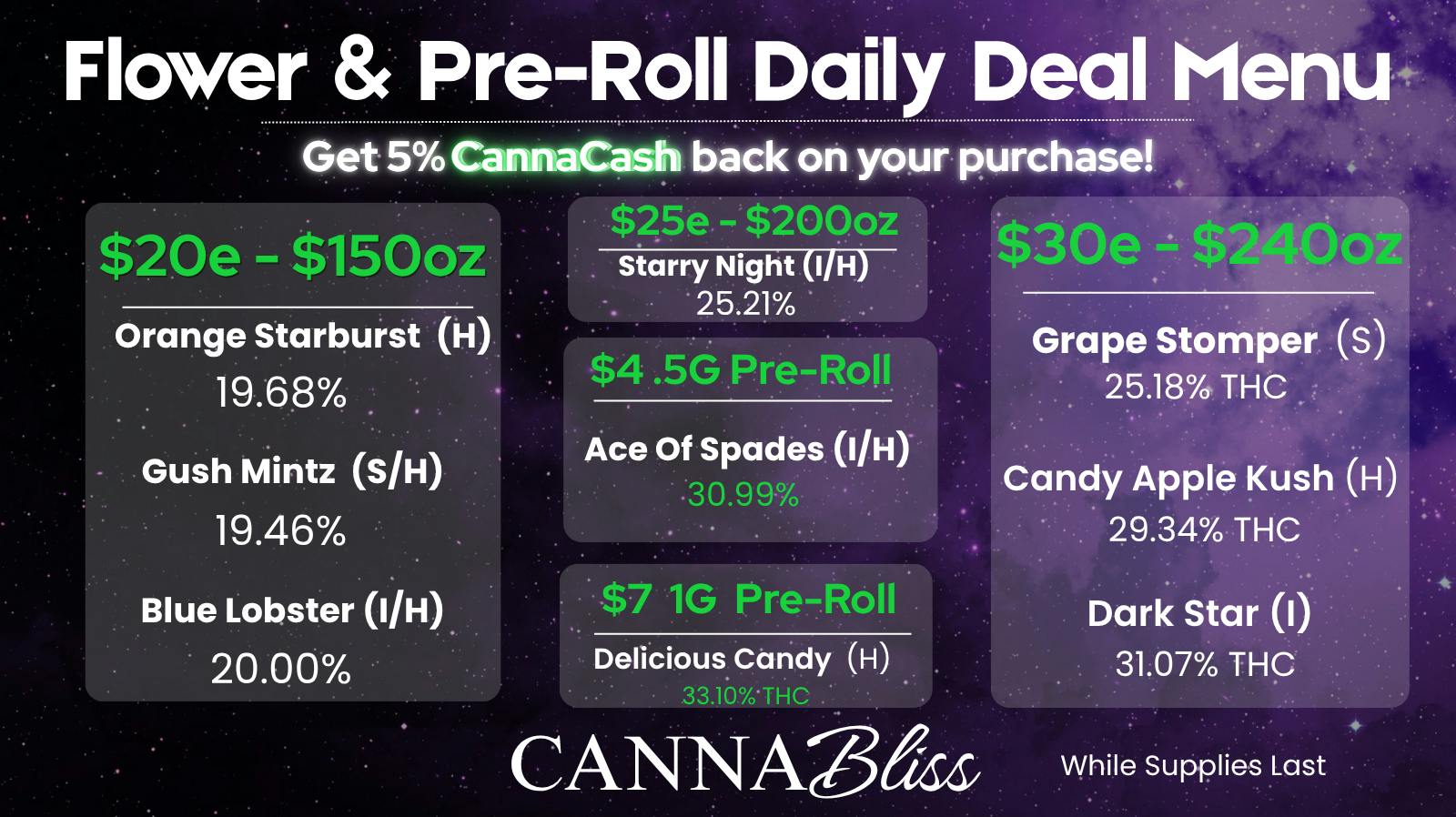 Cannabliss Flower & Pre-Roll Daily Deal Menu
