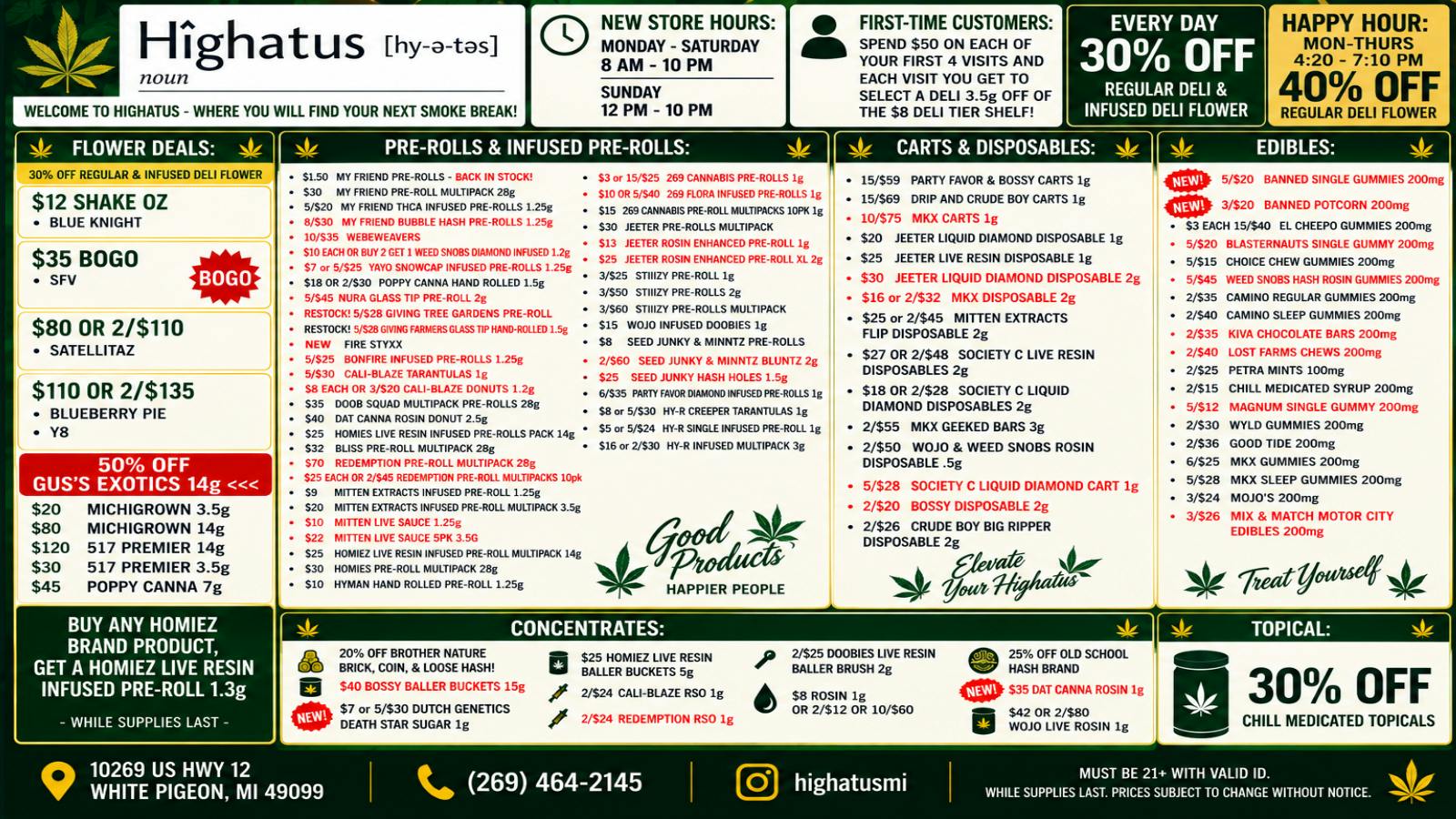 Highatus NEW HOURS: MON - SAT 8 AM - 10 PM , SUN 12-10 PM