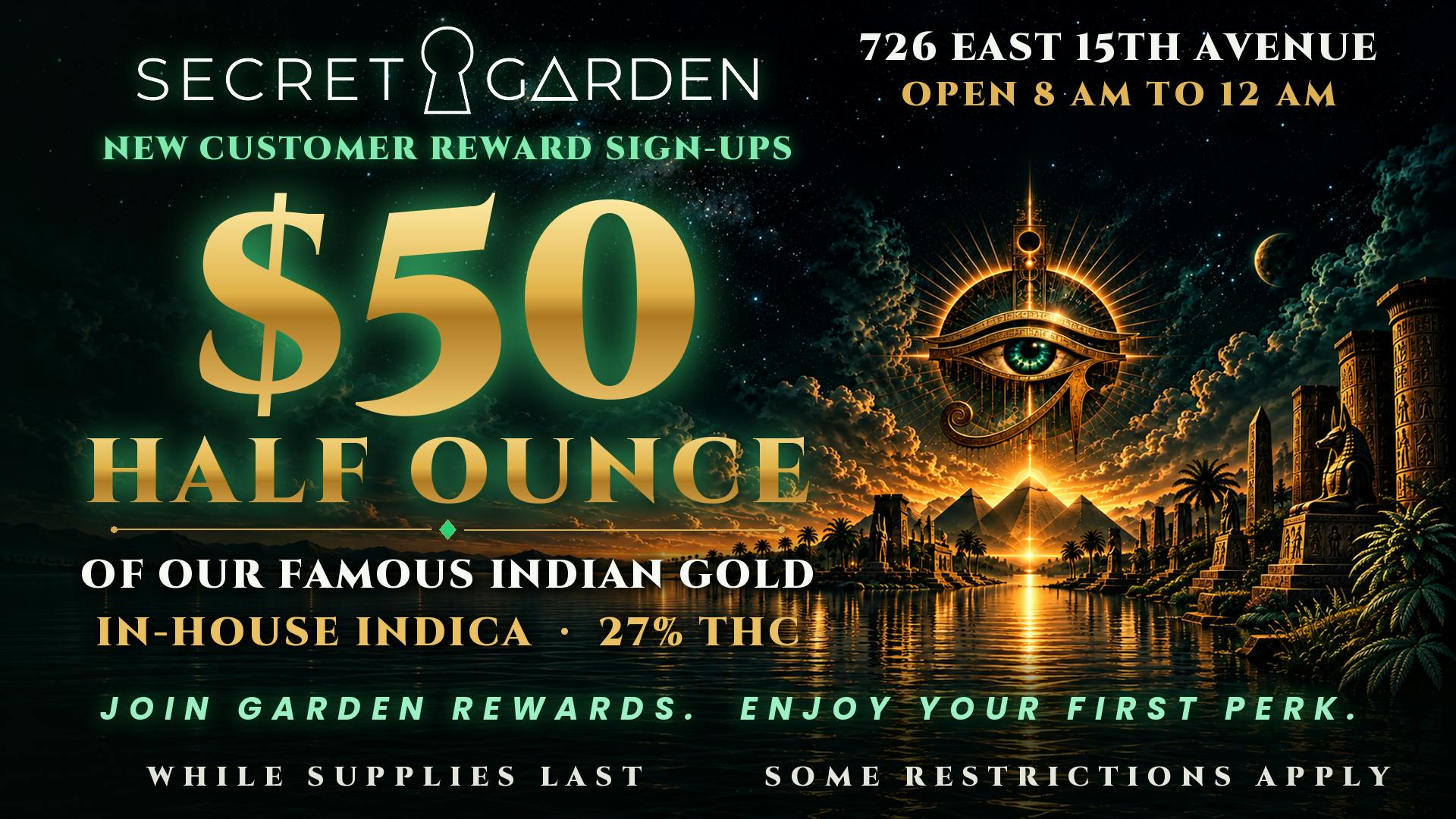 Secret Garden Cannabis Join & Enjoy: $50 Half Ounce