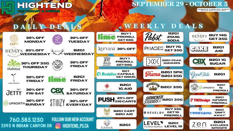 Hightend Dispensary & Lounge SHOP DEALS, 20% FTP, 5% REWARDS