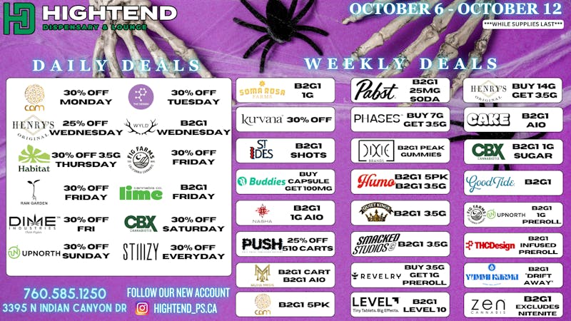 Hightend Dispensary & Lounge SHOP DEALS, 20% FTP, 5% REWARDS
