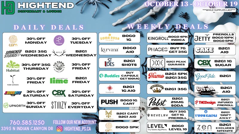 Hightend Dispensary & Lounge SHOP DEALS, 20% FTP, 5% REWARDS