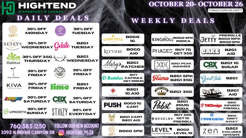 Hightend Dispensary & Lounge SHOP DEALS, 20% FTP, 5% REWARDS