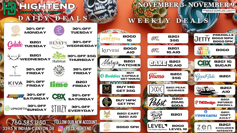 Hightend Dispensary & Lounge SHOP DEALS, 20% FTP, 5% REWARDS
