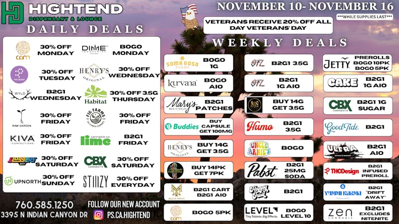 Hightend Dispensary & Lounge SHOP DEALS, 20% FTP, 5% REWARDS