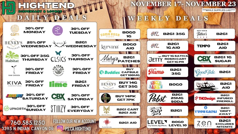 Hightend Dispensary & Lounge SHOP DEALS, 20% FTP, 5% REWARDS