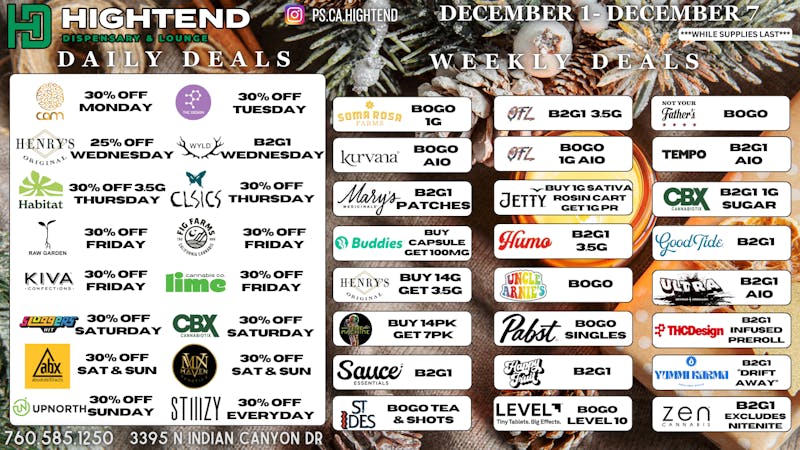 Hightend Dispensary & Lounge SHOP DEALS, 20% FTP, 5% REWARDS