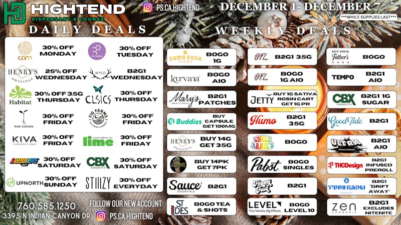 Hightend Dispensary & Lounge SHOP DEALS, 20% FTP, 5% REWARDS