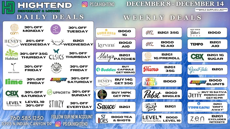Hightend Dispensary & Lounge SHOP DEALS, 20% FTP, 5% REWARDS