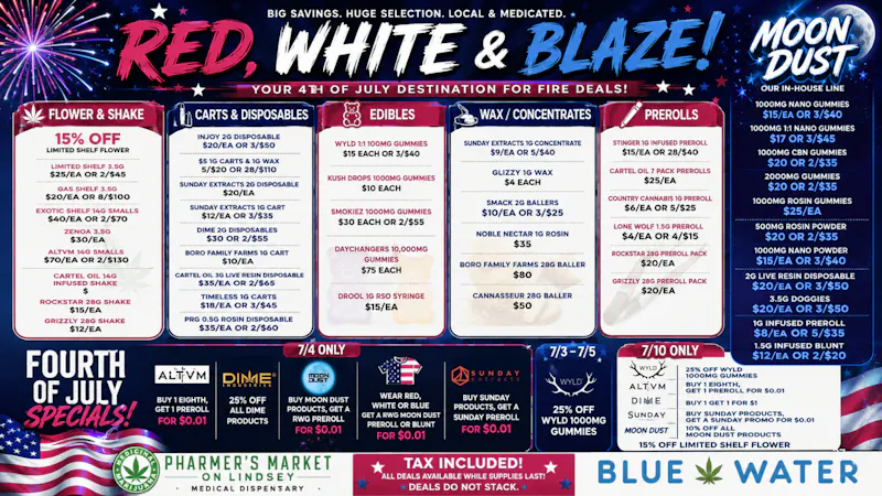 Pharmer's Market - Norman JULY SPECIALS! 🇺🇸$4 WAX🍯$70 OZ🇺🇸$5 CARTS🍯