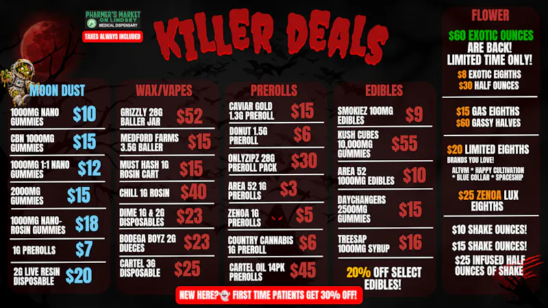 Pharmer's Market - Norman TRICKS? JUST TREATS 🎃 $60 OUNCES! 👻 $5 CARTS!