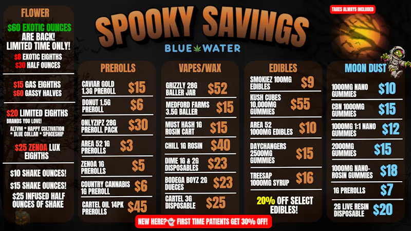 Blue Water - Norman SPOOKY LOW PRICES!💀$60 OUNCES!🎃$2 PREROLLS!👻