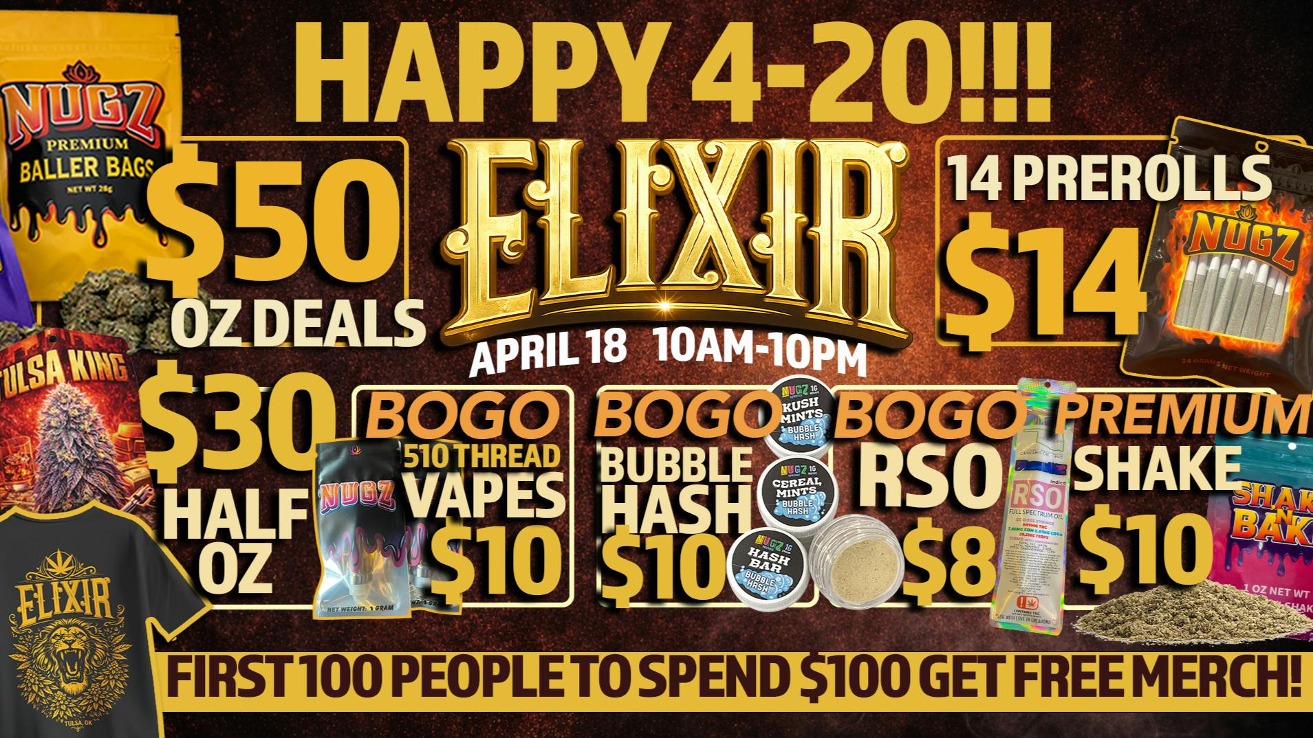 Elixir Dispensary $50 OZ, VAPE, CONCENTRATE & PREROLL BOGOs,