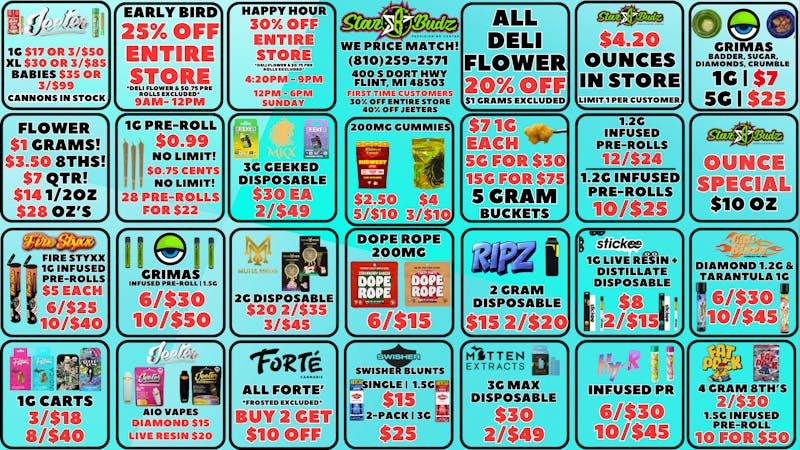 Star Budz - Flint - NOW OPEN! 25% OFF EARLY BIRD | 30% OFF HAPPY HOUR | $1 GRAMS