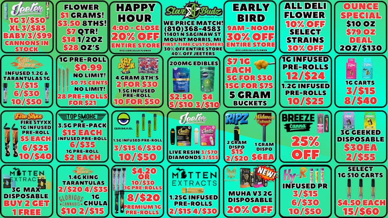 Star Budz - Mt Morris 30% OFF EARLY BIRD | 20% OFF HAPPY HOUR