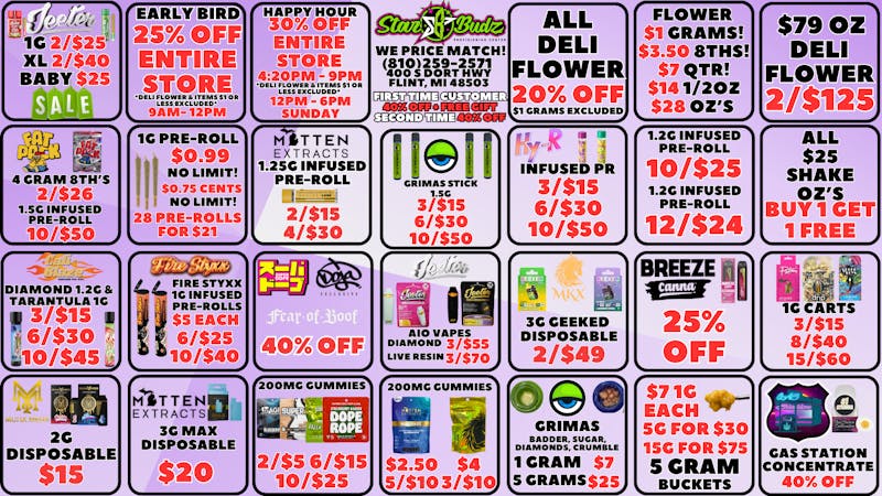 Star Budz - Flint - NOW OPEN! 30% OFF HAPPY HOUR | 25% OFF EARLY BIRD | $1 GRAMS