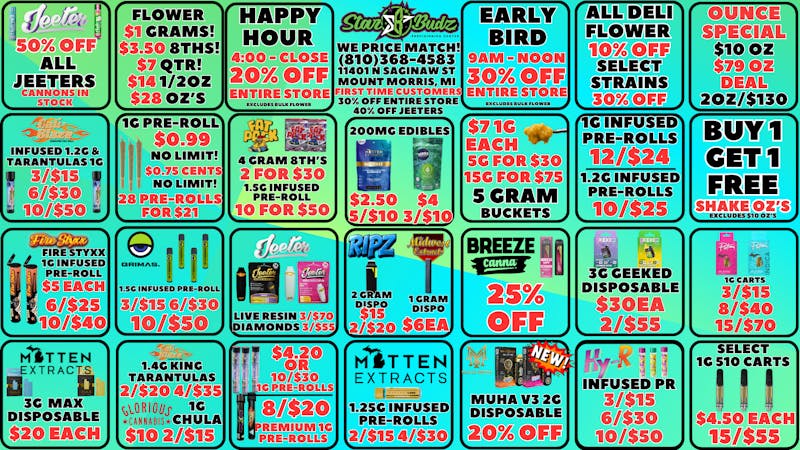 Star Budz - Mt Morris 30% OFF EARLY BIRD | 20% OFF HAPPY HOUR