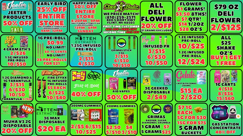 Star Budz - Flint - NOW OPEN! 50% OFF JEETER | 5/$20 CALI BLAZE TARANTULA