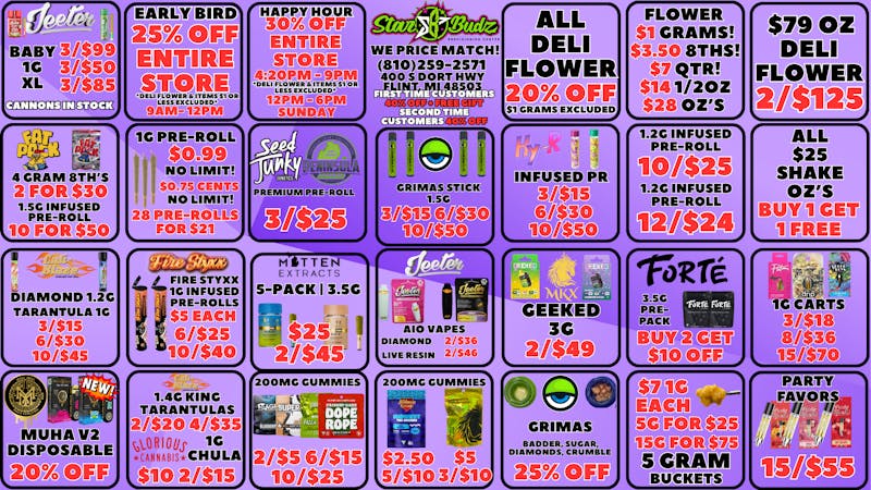 Star Budz - Flint - NOW OPEN! 25% OFF EARLY BIRD | 30% OFF HAPPY HOUR | $1 GRAMS