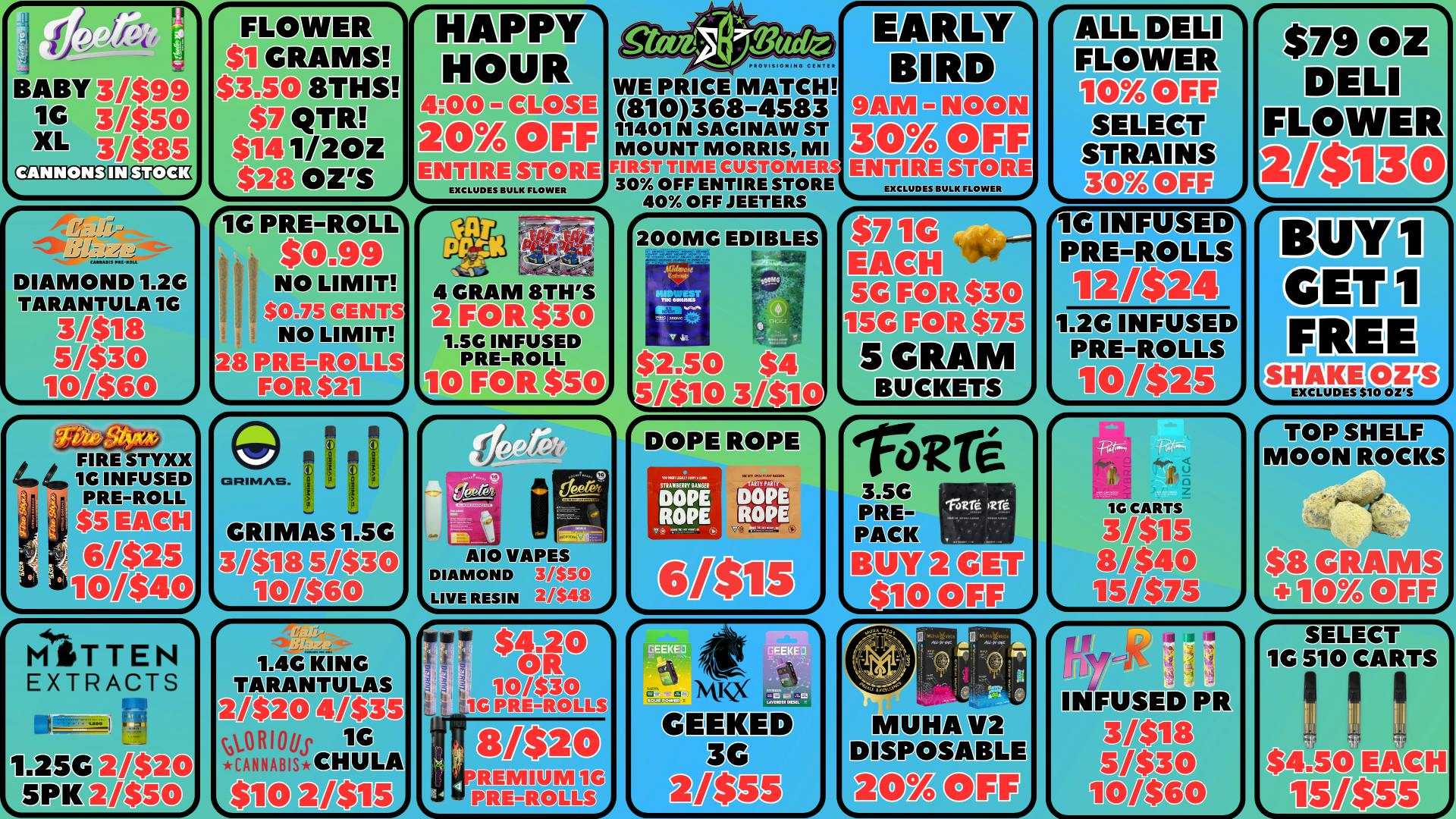 Star Budz - Mt Morris 30% OFF EARLY BIRD | 20% OFF HAPPY HOUR | $1 GRAMS