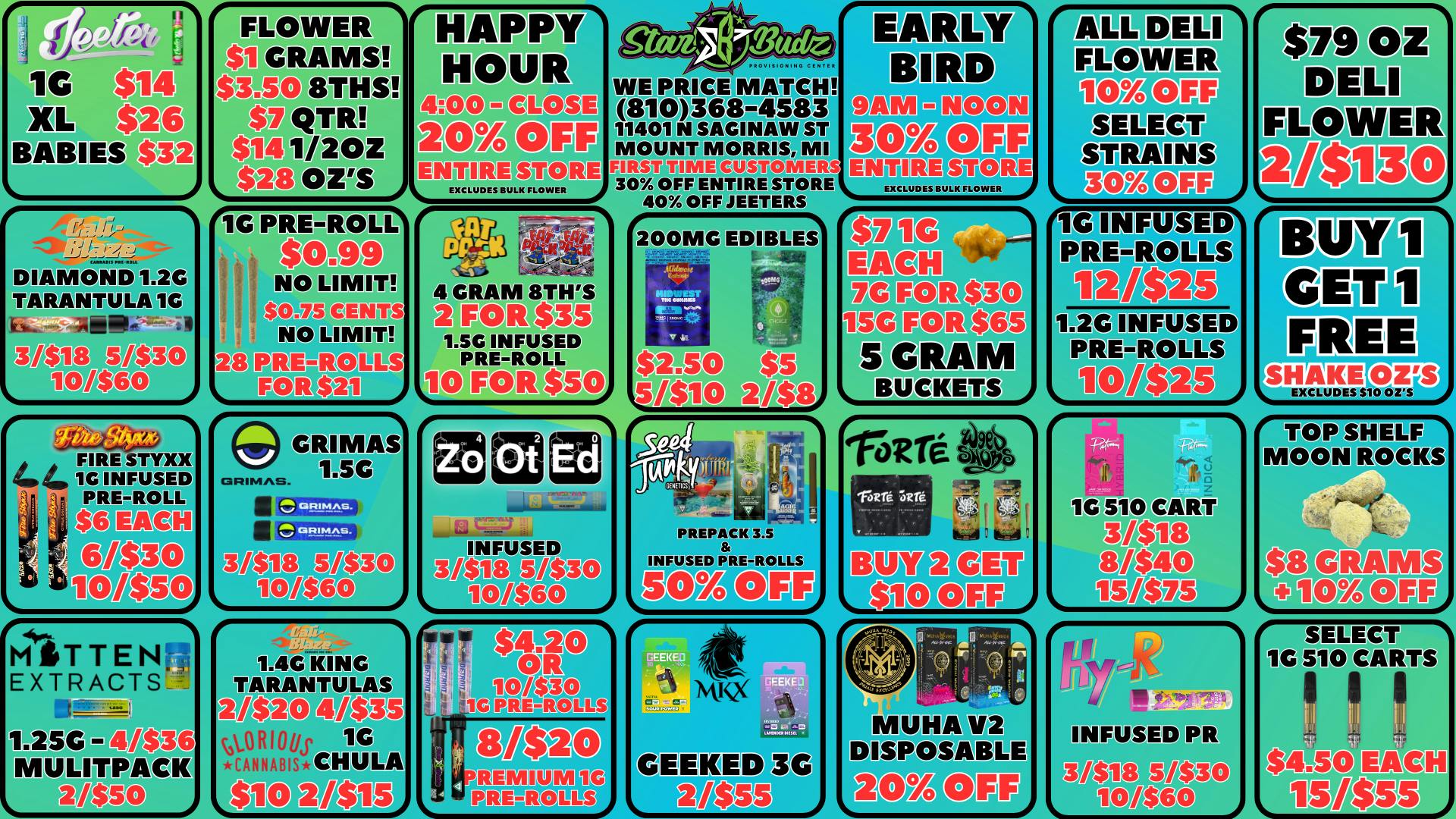 Star Budz - Mt Morris 30 % OFF EARLY BIRD | 20 % OFF HAPPY HOUR