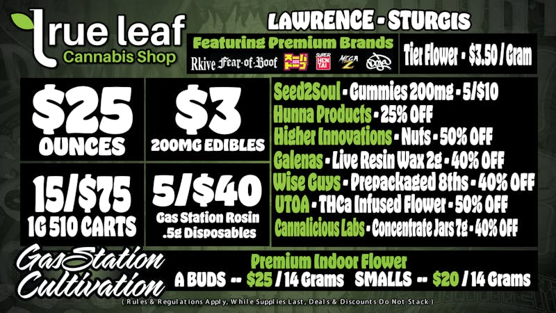 True Leaf - Lawrence $25 Ounces 15/75 Carts + More