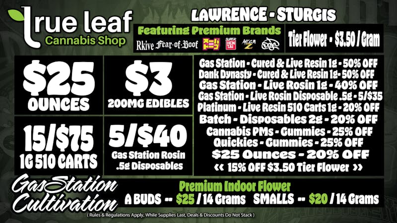 True Leaf - Lawrence $25 Ounces 15/75 Carts + More