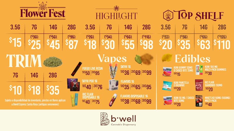 Bwell Express - Santa Rosa (antiguo Sensewave) 28g Trim x $35 | Flower Fest 28g x $87