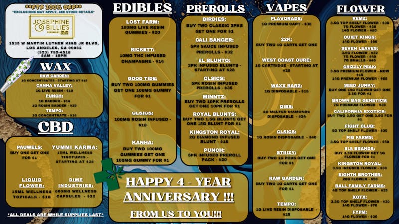 Off the Charts Powered by Josephine & Billie's - Now Open! Fall in, For The Best Deals in LA!!!