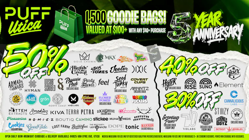 PUFF Utica Delivery Rec & Med 1500 Goodie Bags, Giveaways, 50% off Top Brands!!