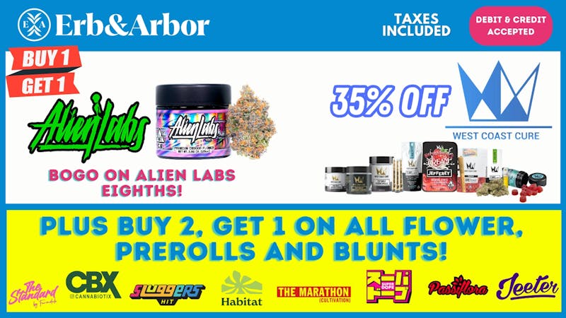 Erb & Arbor 35% OFF West Coast Cure, Alien Labs BOGO & more!