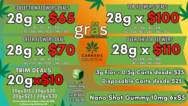 Gräs Cannabis Collection Dado 15mg-$1.50 | 28gX$65 | 28gX$70 | 1g Cart $25