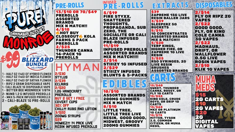 Pure Cannabis Outlet 🥶 10/$10 200 MG EDIBLES 🧊 15/$40 1G CARTS 🥶