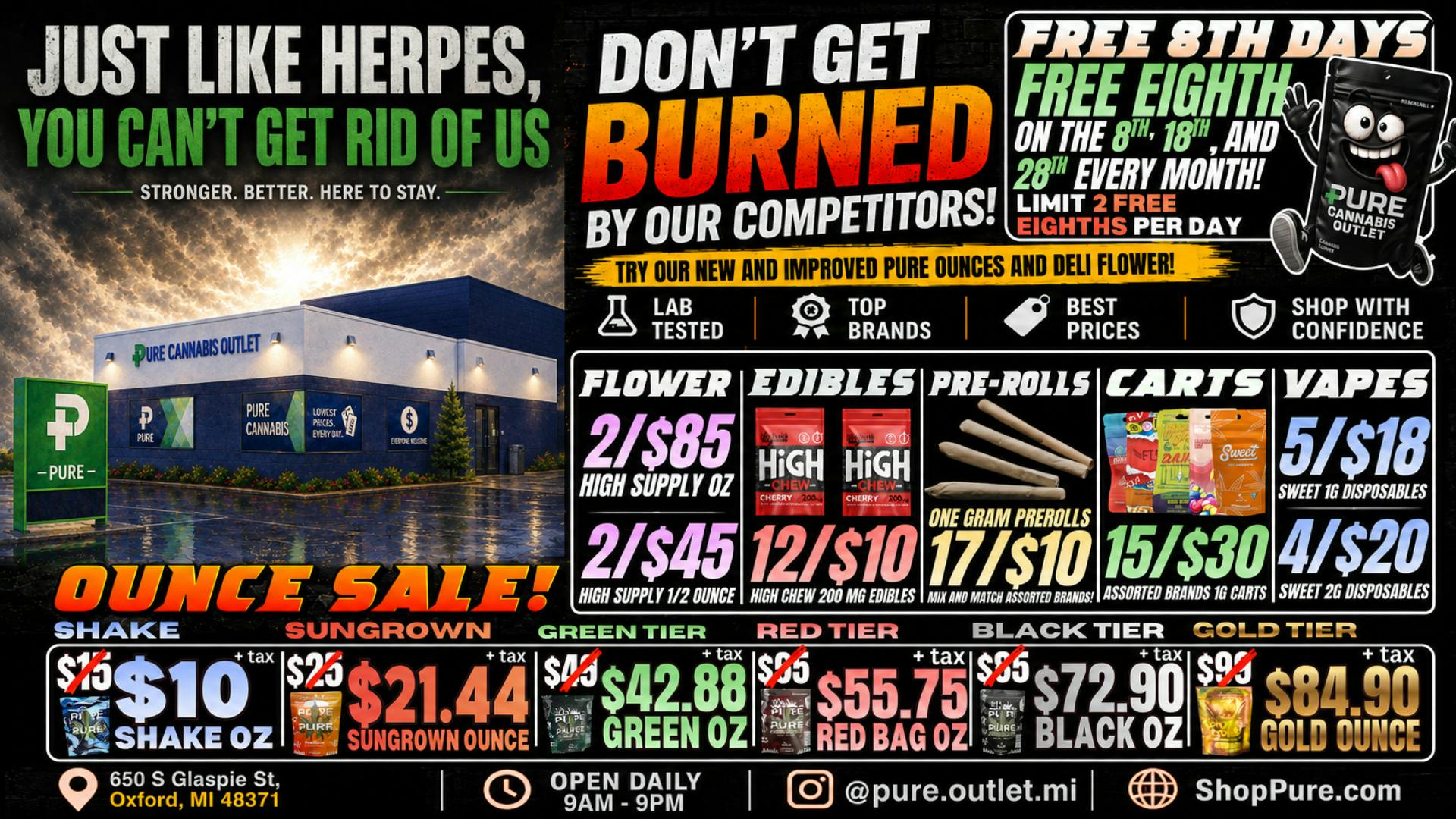 Pure Cannabis Outlet - Oxford ⛽️4/$20 2G SWEET VAPES⛽️$10 OZ⛽️CHEAPER THAN GAS⛽️