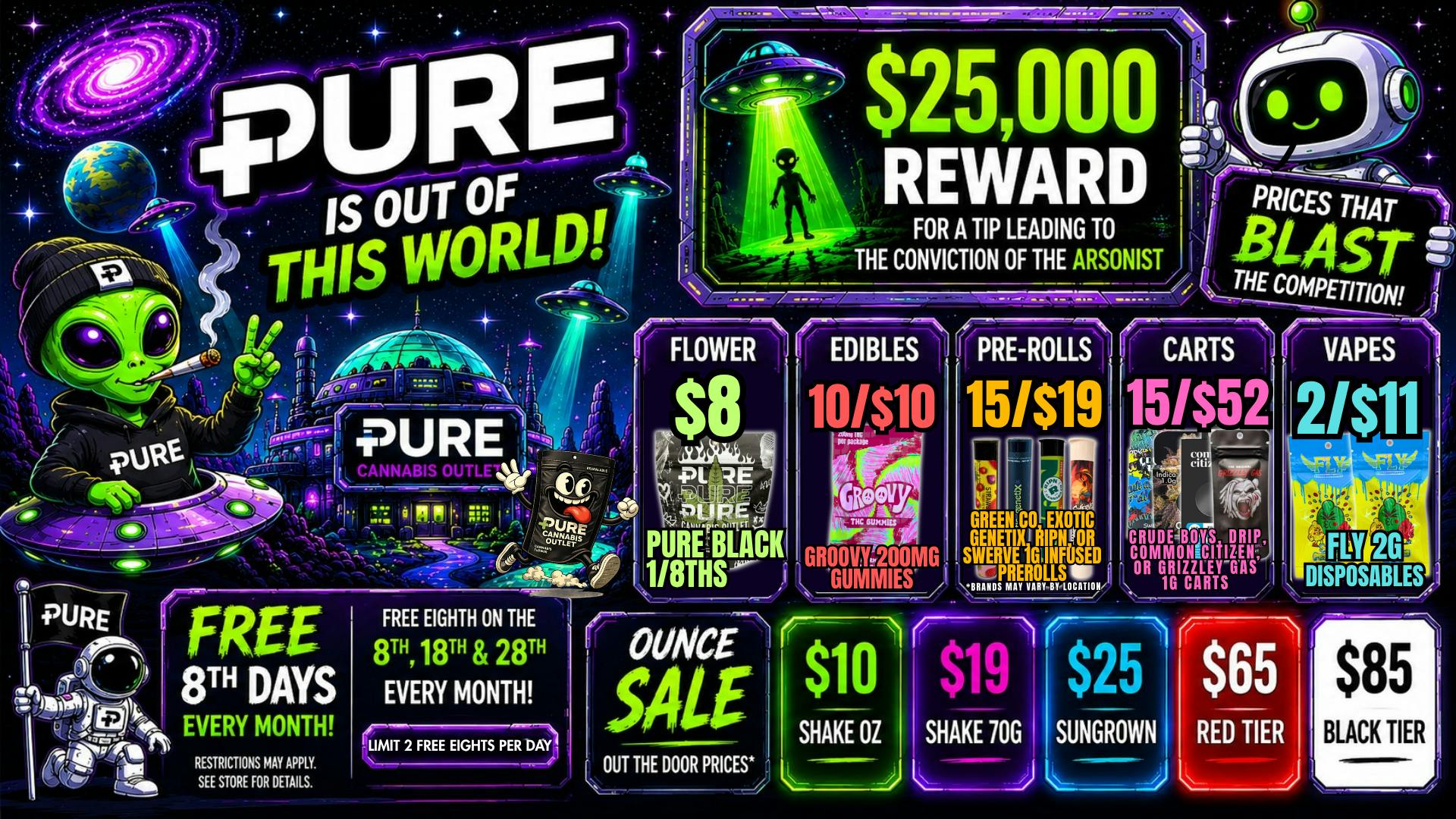 Pure Cannabis Outlet - Monroe $8 PURE BLACK 8THS👽10/$10 GROOVY 200MG GUMMIES👽