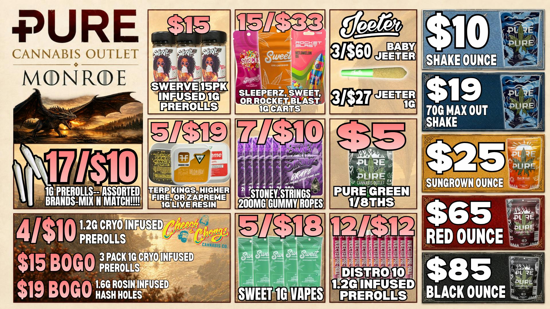 Pure Cannabis Outlet - Monroe 🔥JEETER + CHEECH & CHONG DEALS • 15/$33 CARTS💨