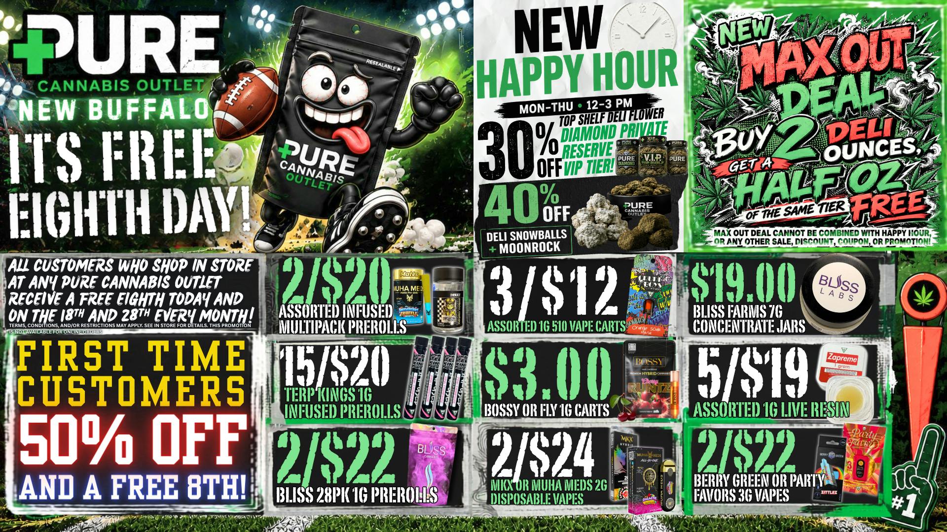 Pure Cannabis Outlet - New Buffalo 🔥 CRAZY 8THS! FREE 1/8 + DEALS ALL DAY!