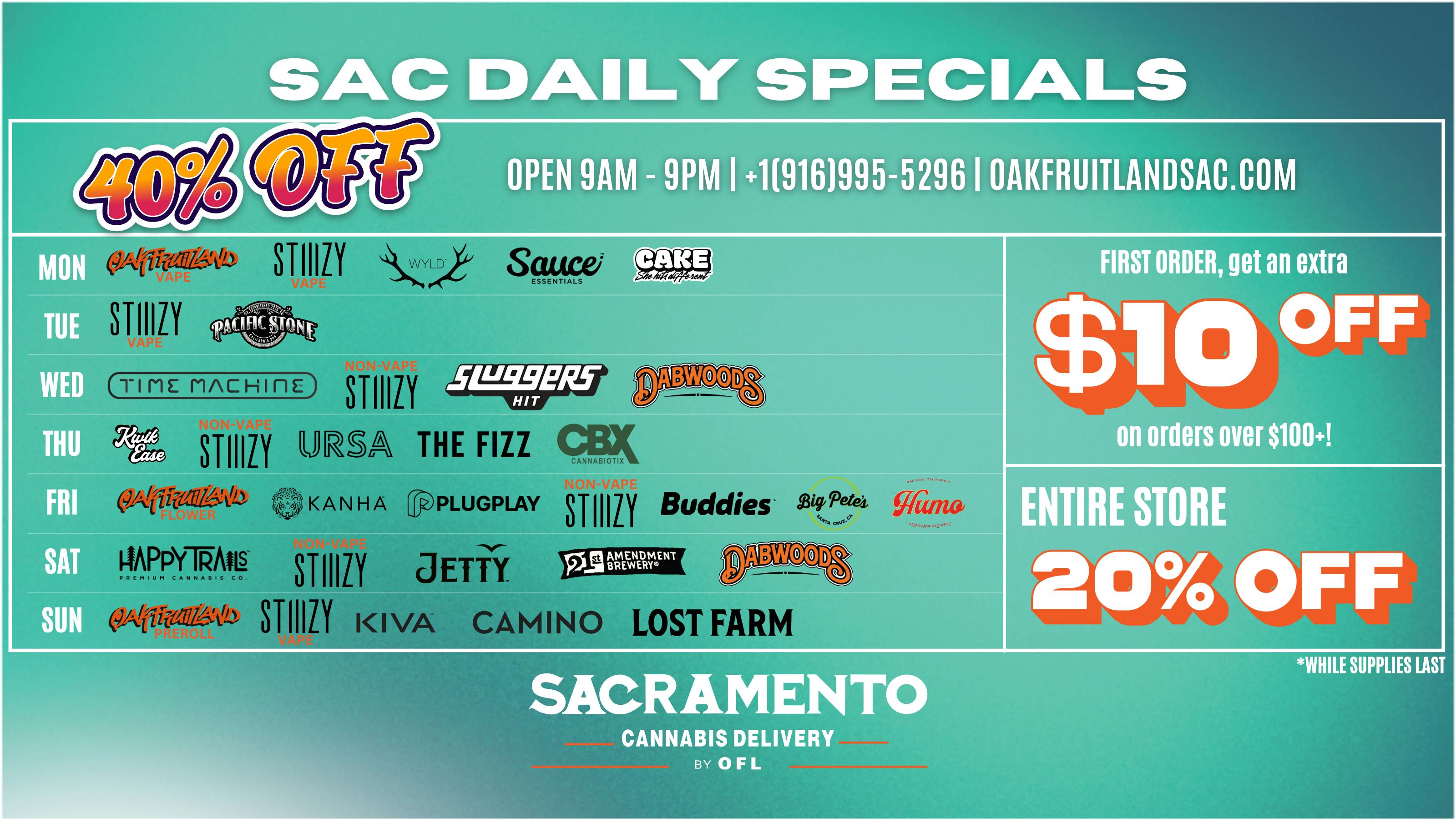 Sacramento Cannabis Delivery By OFL 40% OFF Daily Specials - Wednesday